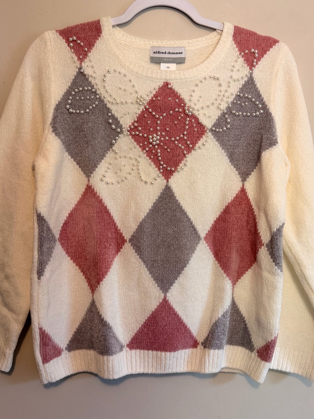 Alfred Dunner Cream Rose & Gray Argyle Sweater with Pearl Accents